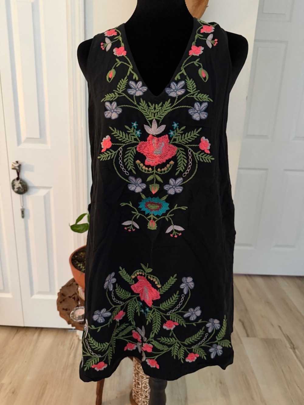 The Impeccable Pig Black Mini Dress with Floral Embroidery